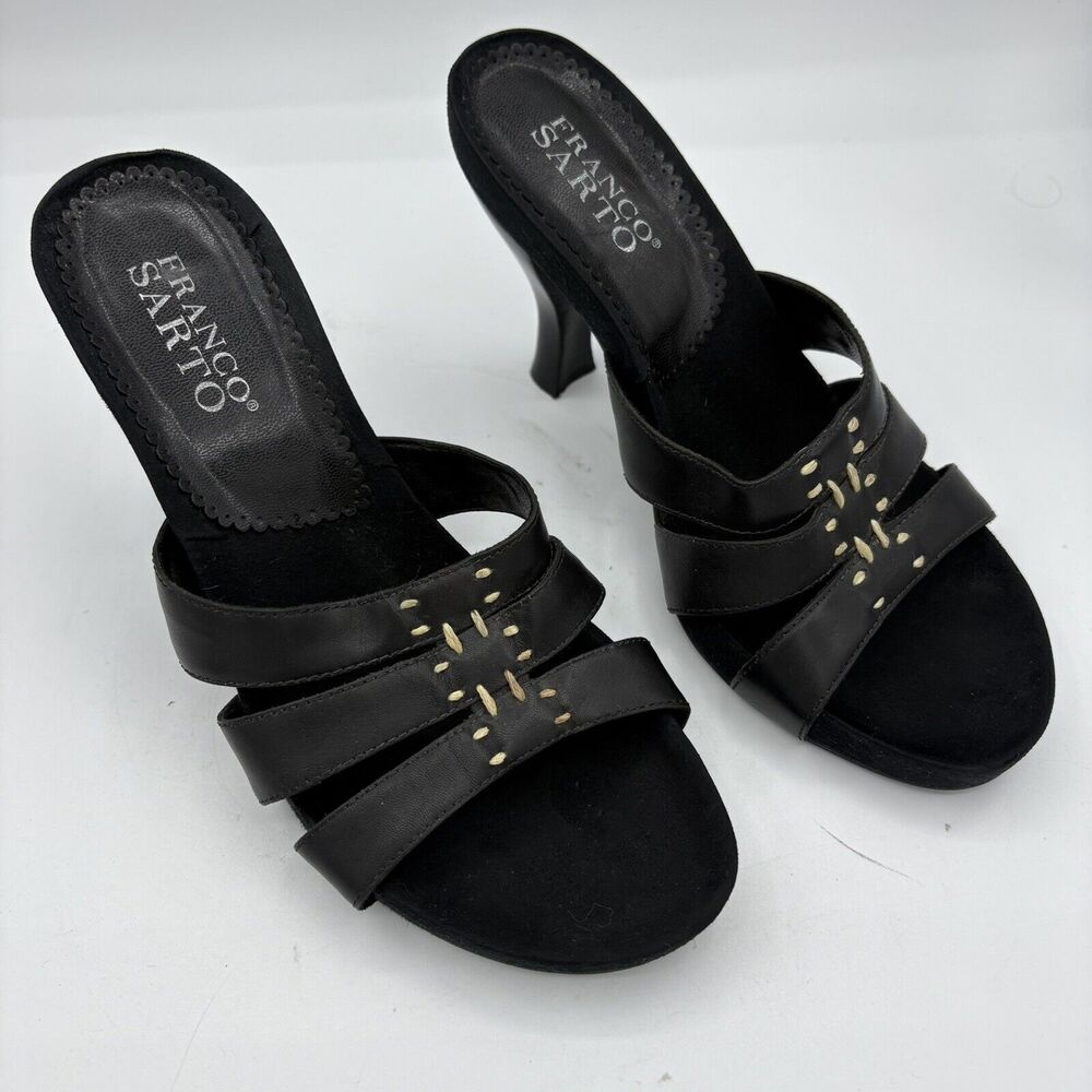 Franco Sarto High Heels Womens 7 Leather Kitten Black Open Toe Mule Straps G2
